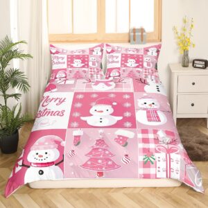 Xmas Duvet Cover Set Queen Size,Snowman Christmas Tree Snowflake Bedding Set for Kid Boys Girls Room Decor,Pink Plaid Comforter Cover 3Pcs,Merry Christmas Bedspreads Cover,2 Pillowcases(NO Comforter)