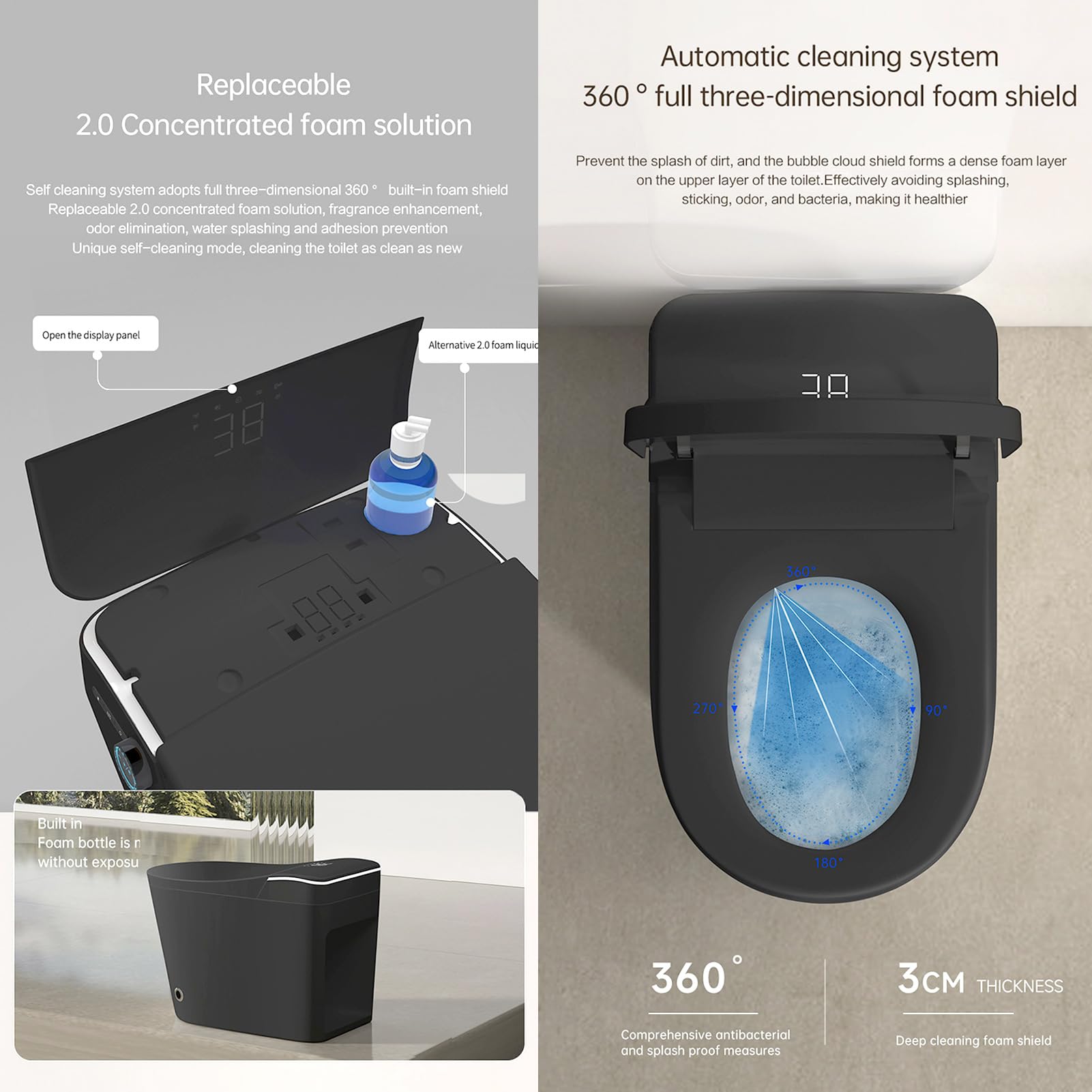 Black Smart Toilet with Auto Open/Close Lid and Foam Shield, Modern One Piece Tankless Toilet with Bidet Built In, Heated Seat, Warm Water, Warm Air Drying, Foot Sensor Operation.