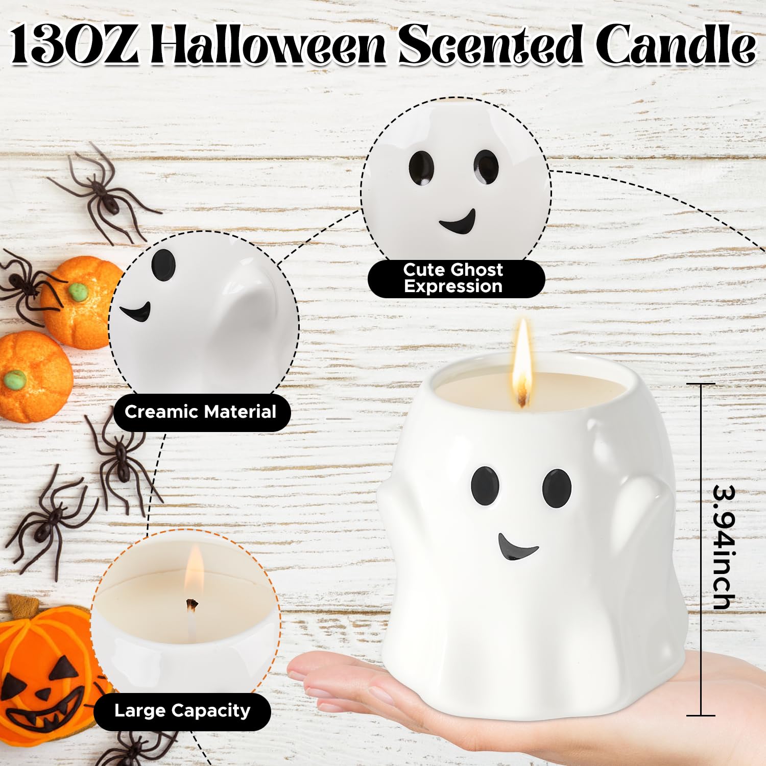 13OZ Halloween Ghost Candle Boo Basket Stuffers for Women Men, Large Pumpkin Spice Scented Candle Up to 60 Hours Halloween Decorations Indoor