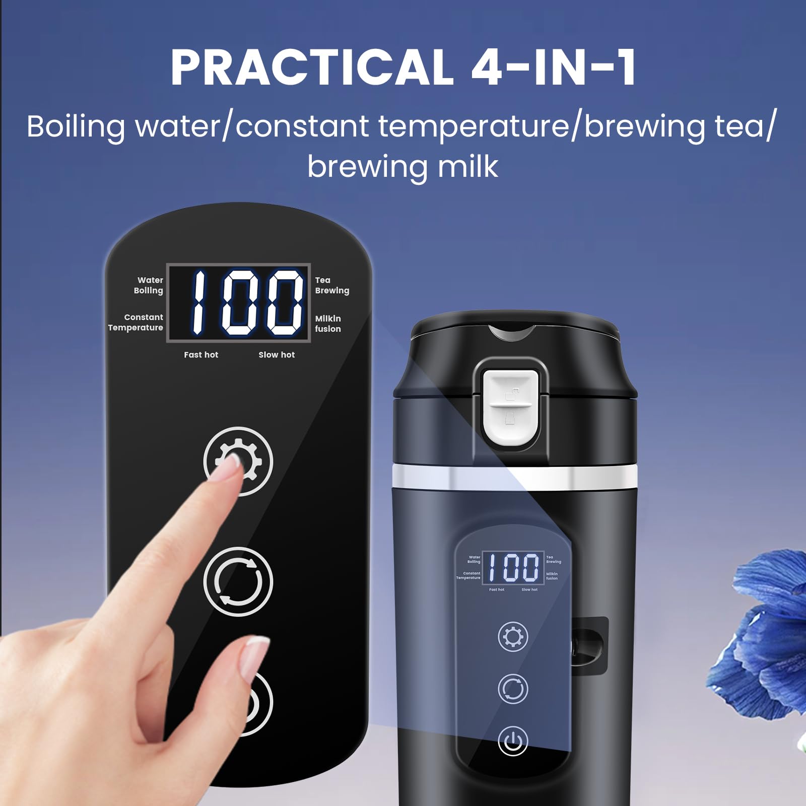 DC 12V/24V Car Travel Electric Kettle, 400ml Car Heating Mug with Anti-Spill Lid, Leak-proof, 304 Stainless Steel Liner Portable Coffee Tea Cup Up to 100℃ Variable Temp Control Bottle