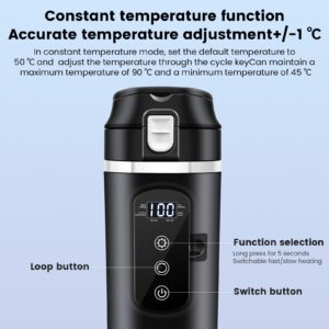 DC 12V/24V Car Travel Electric Kettle, 400ml Car Heating Mug with Anti-Spill Lid, Leak-proof, 304 Stainless Steel Liner Portable Coffee Tea Cup Up to 100℃ Variable Temp Control Bottle