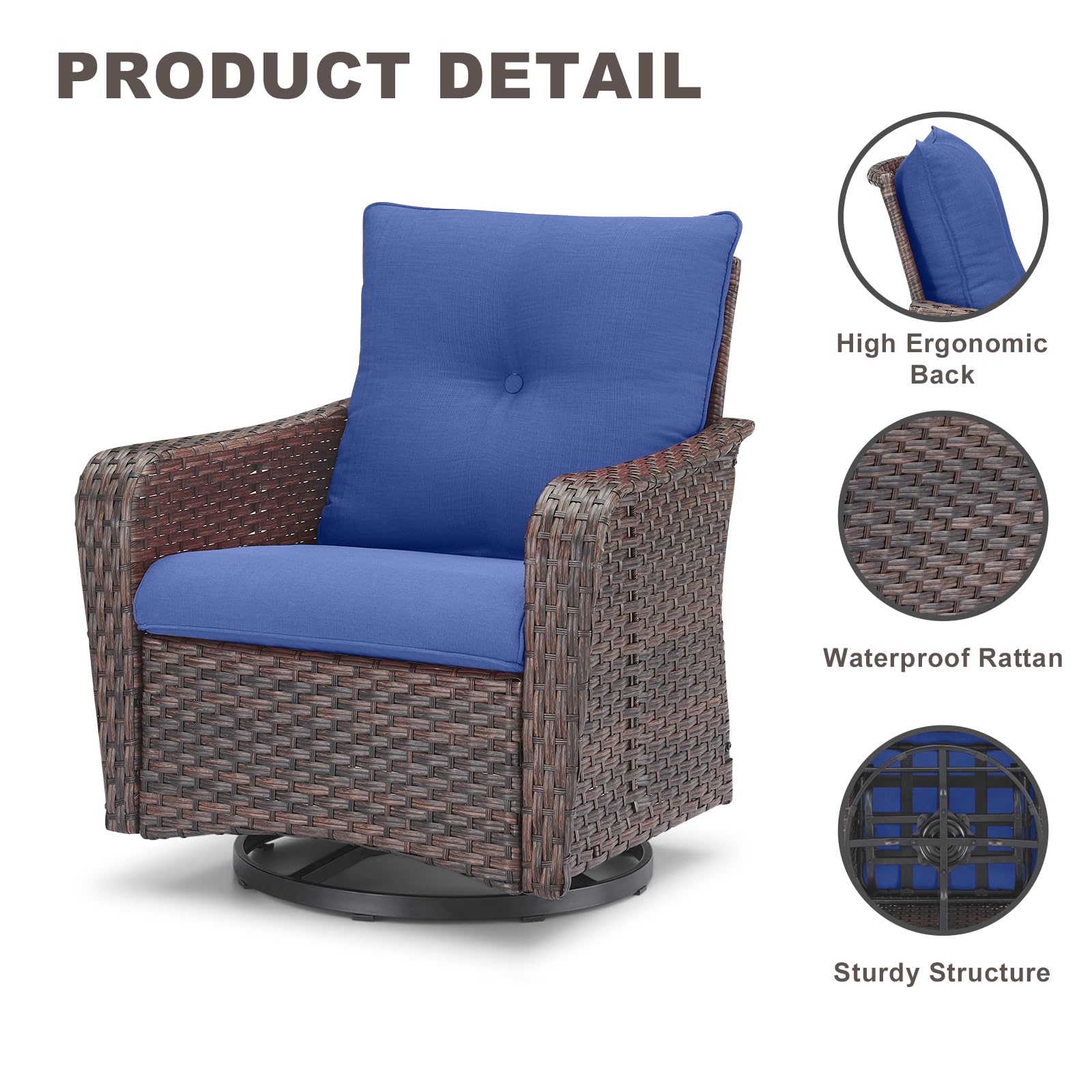 Rilyson Outdoor Patio Rocking Swivel Chairs - 3 PC Wicker Patio Furniture Rocker Chair Set Rattan Patio Bistro Sets with Side Table for Porch Deck Backyard Garden(Brown/Blue)