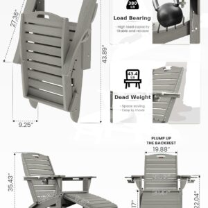 Ciokea Folding Adirondack Chair with Retractable Ottoman Fire Pit Patio Chair with Pull Out Foot Rest Weather Resistant Lawn Outdoor Lounge Chair with 2 Cup Holder (Grey)