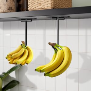 kindrex 2 pack banana hook foldable under cabinet, metal banana hanger to keep bananas fresh, banana holder folds up with magnets or other kitchen items (matte black)