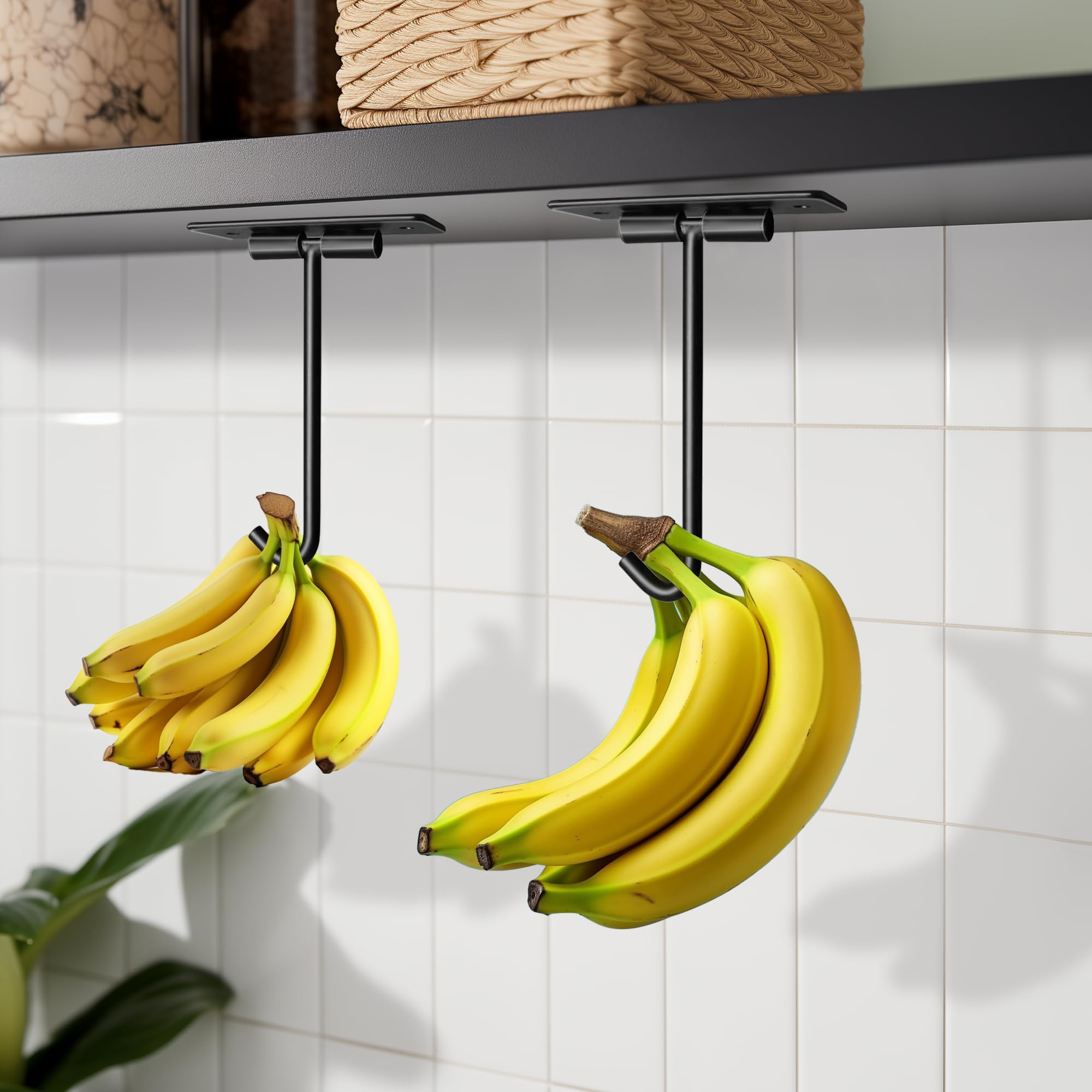 KINDREX 2 Pack Banana Hook Foldable Under Cabinet, Metal Banana Hanger to Keep Bananas Fresh, Banana Holder Folds Up with Magnets or Other Kitchen Items (Matte Black)