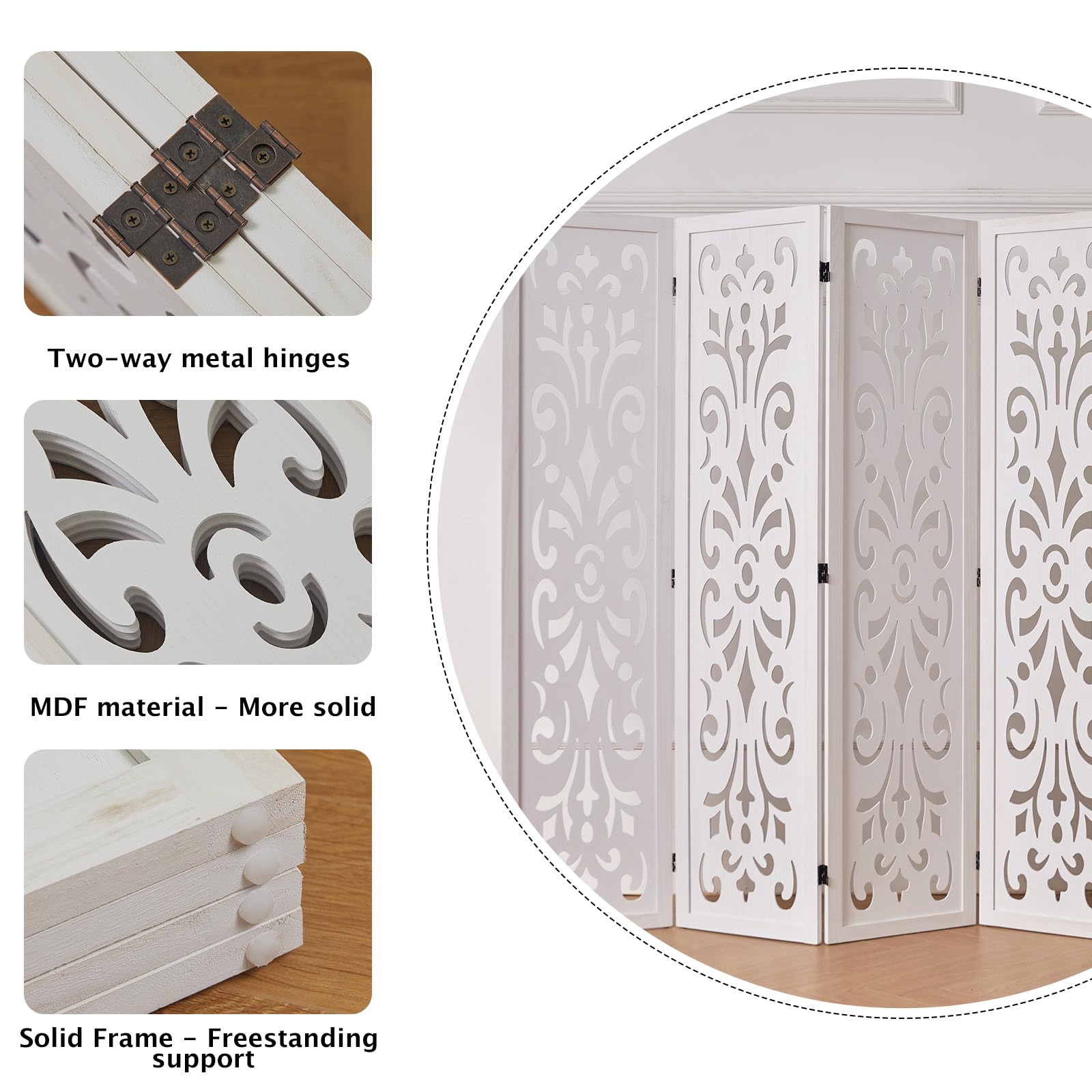 5.6Ft Room Divider Folding Wood Classical Carved Partition Screen for Home Office Garden - 4 Panels (White)