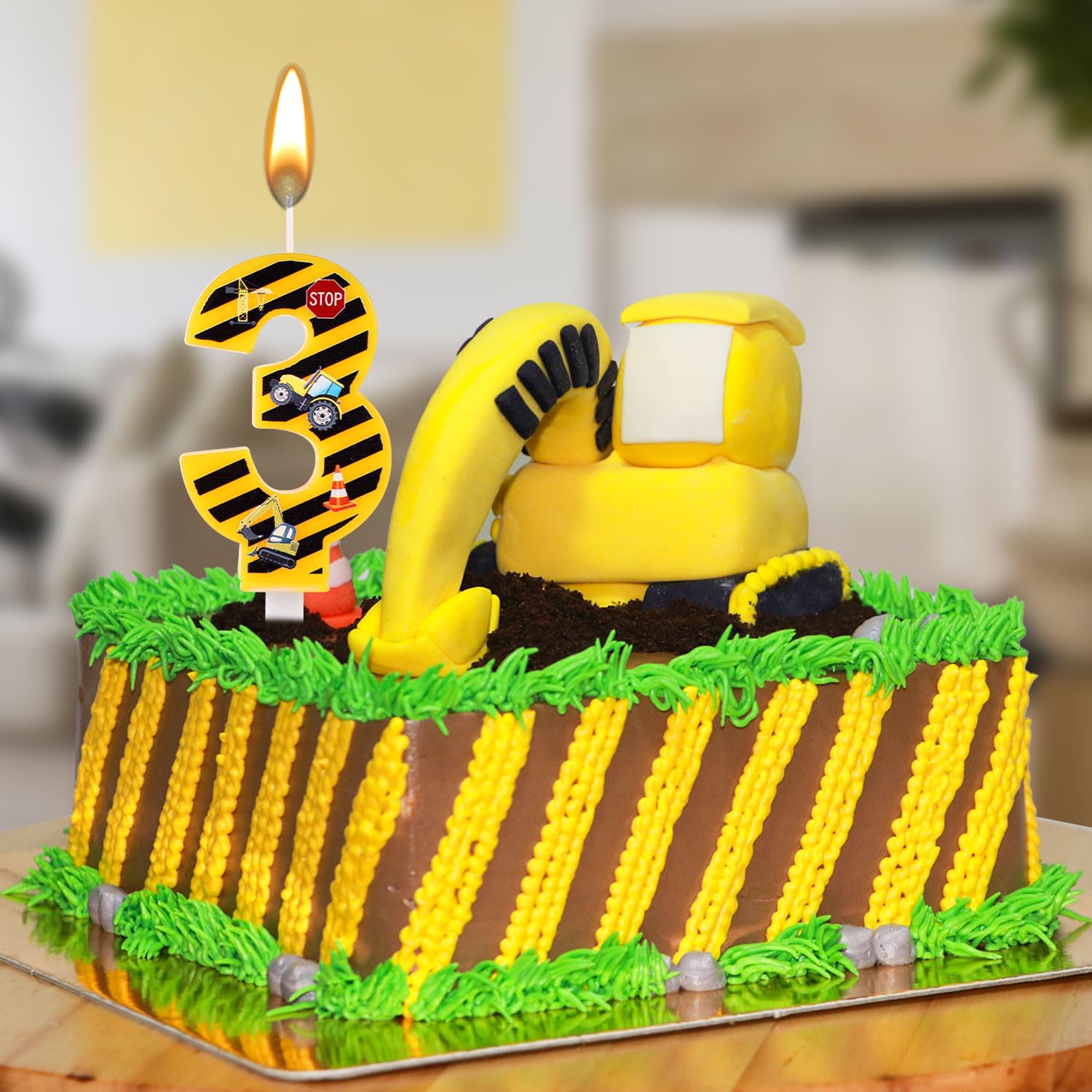 Construction Birthday Candle, Happy Birthday Candles Numbers Construction Cake Topper Yellow and Black Striped Candles for Boys Construction Birthday Party Supplies Decorations (Number 3)