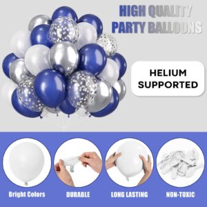 Navy Blue and Silver Balloons 60PCS, 12 Inch Navy Blue Metallic Silver and White Pearl Party Balloons with Silver Blue Confetti Latex Balloons for Birthday Graduation Space Theme Party Decorations