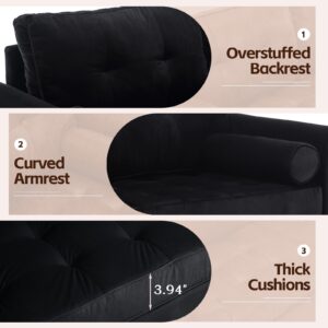 Black Loveseat Sofa, Mid-Century Modern Velvet Small Couch, Comfy Love Seat Sofa, Upholstered Mini Sofa With Back Cushions Rolled Armrest For Living Room, Bedroom, Office Apartment, Small Space