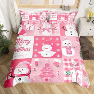 xmas duvet cover set queen size,snowman christmas tree snowflake bedding set for kid boys girls room decor,pink plaid comforter cover 3pcs,merry christmas bedspreads cover,2 pillowcases(no comforter)