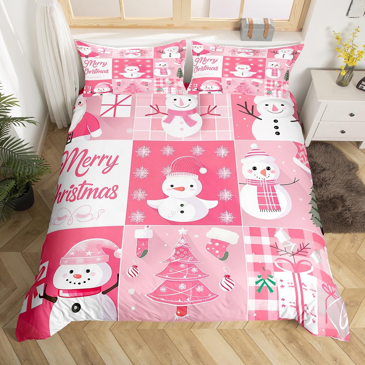 Xmas Duvet Cover Set Queen Size,Snowman Christmas Tree Snowflake Bedding Set for Kid Boys Girls Room Decor,Pink Plaid Comforter Cover 3Pcs,Merry Christmas Bedspreads Cover,2 Pillowcases(NO Comforter)