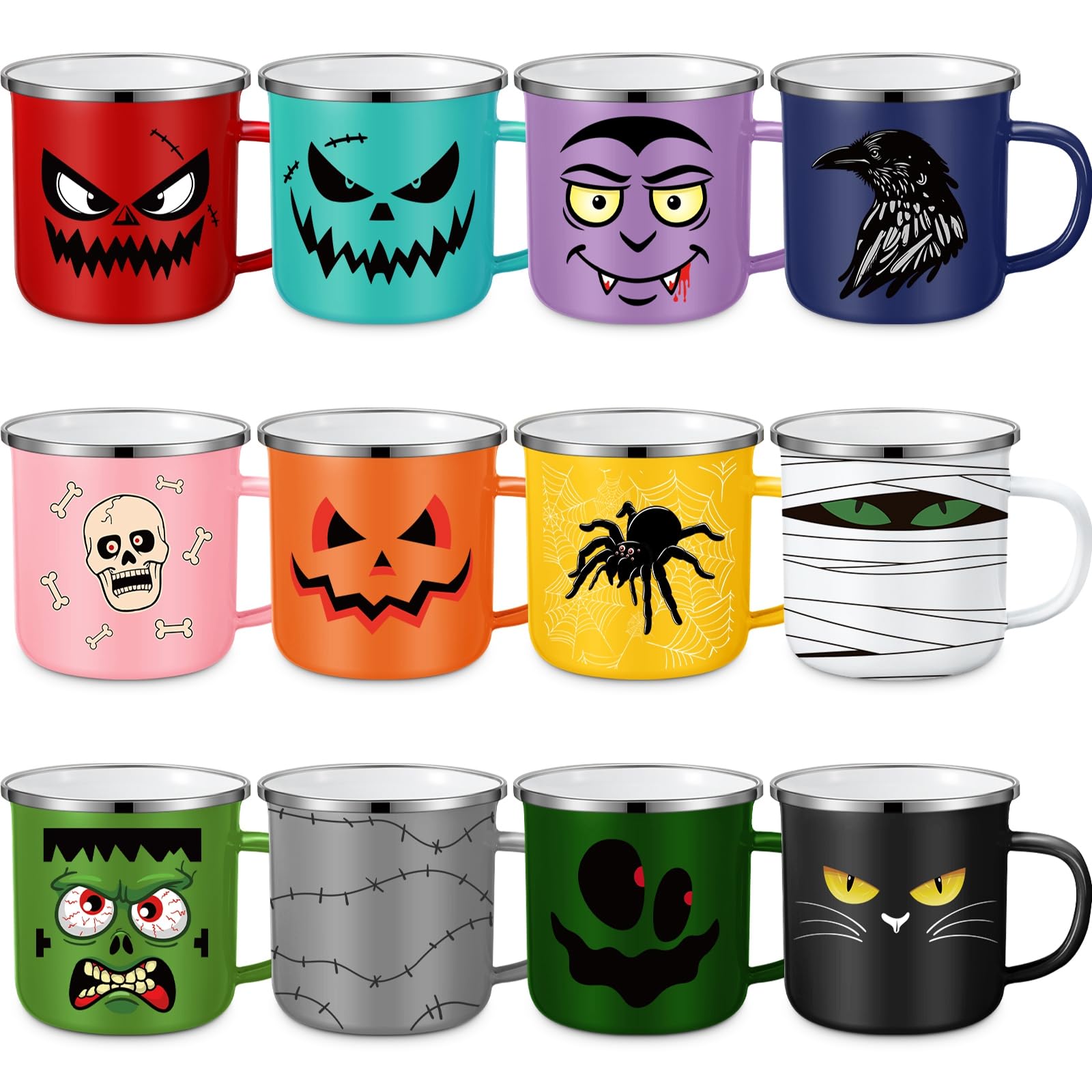 Zhehao 12 Pcs Halloween Coffee Mugs Bulk for Women Men 12 OZ Enamel Coffee Mugs Inspirational Motivational Gift for Teacher Coworker Christmas Halloween Party Decor