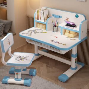 Kids Study Desk and Chair Set, Multi Functional Height Adjustable Children School Study Desk with Cartoon Pattern, Ergonomic Desk Chair with Large Writing Board, Bookshelf and Book Bucket (Blue)