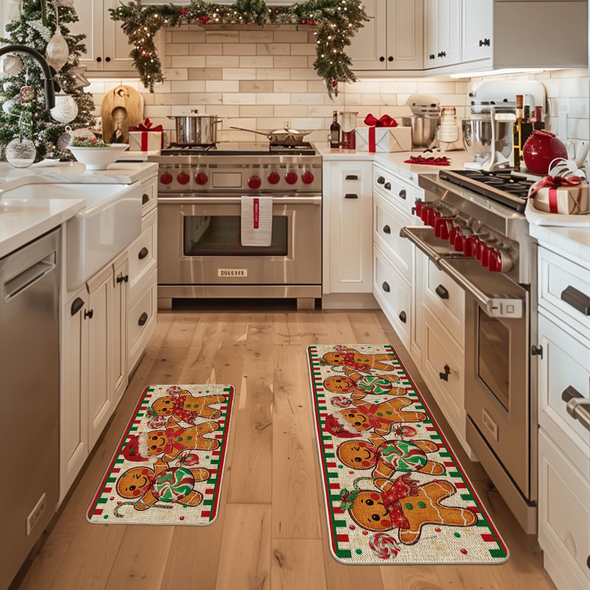 Artoid Mode Gingerbread Candy Cane Christmas Kitchen Mats Set of 2, Winter Home Decor Low-Profile Kitchen Rugs for Floor - 17x29 and 17x47 Inch