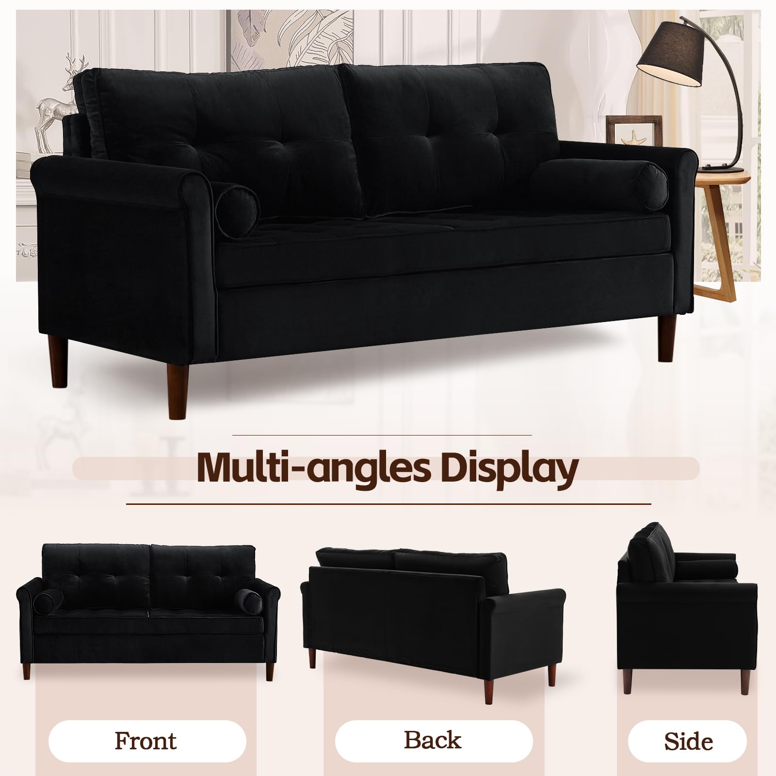 Black Loveseat Sofa, Mid-Century Modern Velvet Small Couch, Comfy Love Seat Sofa, Upholstered Mini Sofa With Back Cushions Rolled Armrest For Living Room, Bedroom, Office Apartment, Small Space