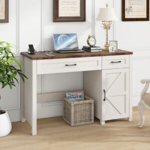 Farmhouse 47" Executive Desk, Computer Desk with Drawers and Storage Cabinet, Workstation Computer Desk for Home Office and Study, Unique White