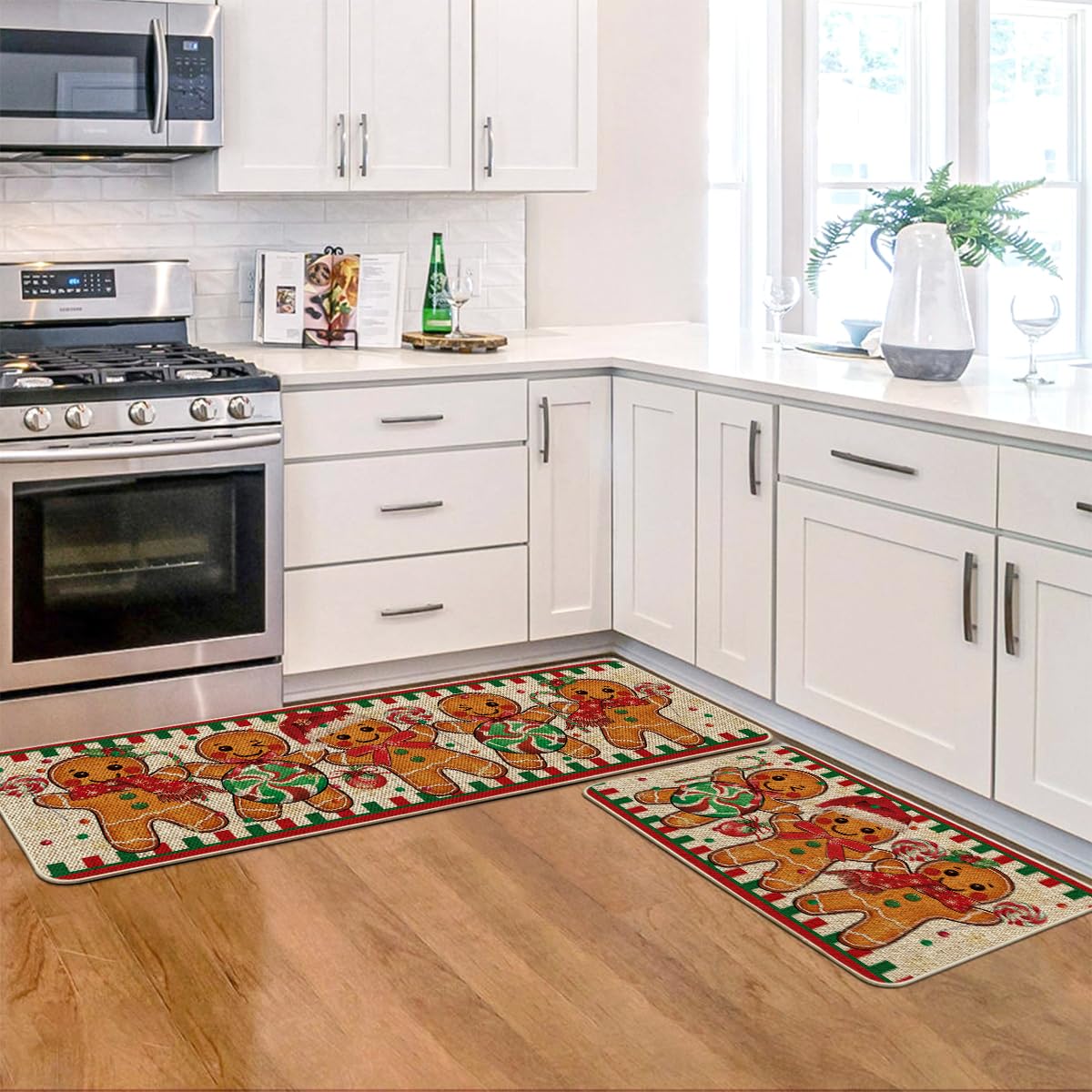 Artoid Mode Gingerbread Candy Cane Christmas Kitchen Mats Set of 2, Winter Home Decor Low-Profile Kitchen Rugs for Floor - 17x29 and 17x47 Inch