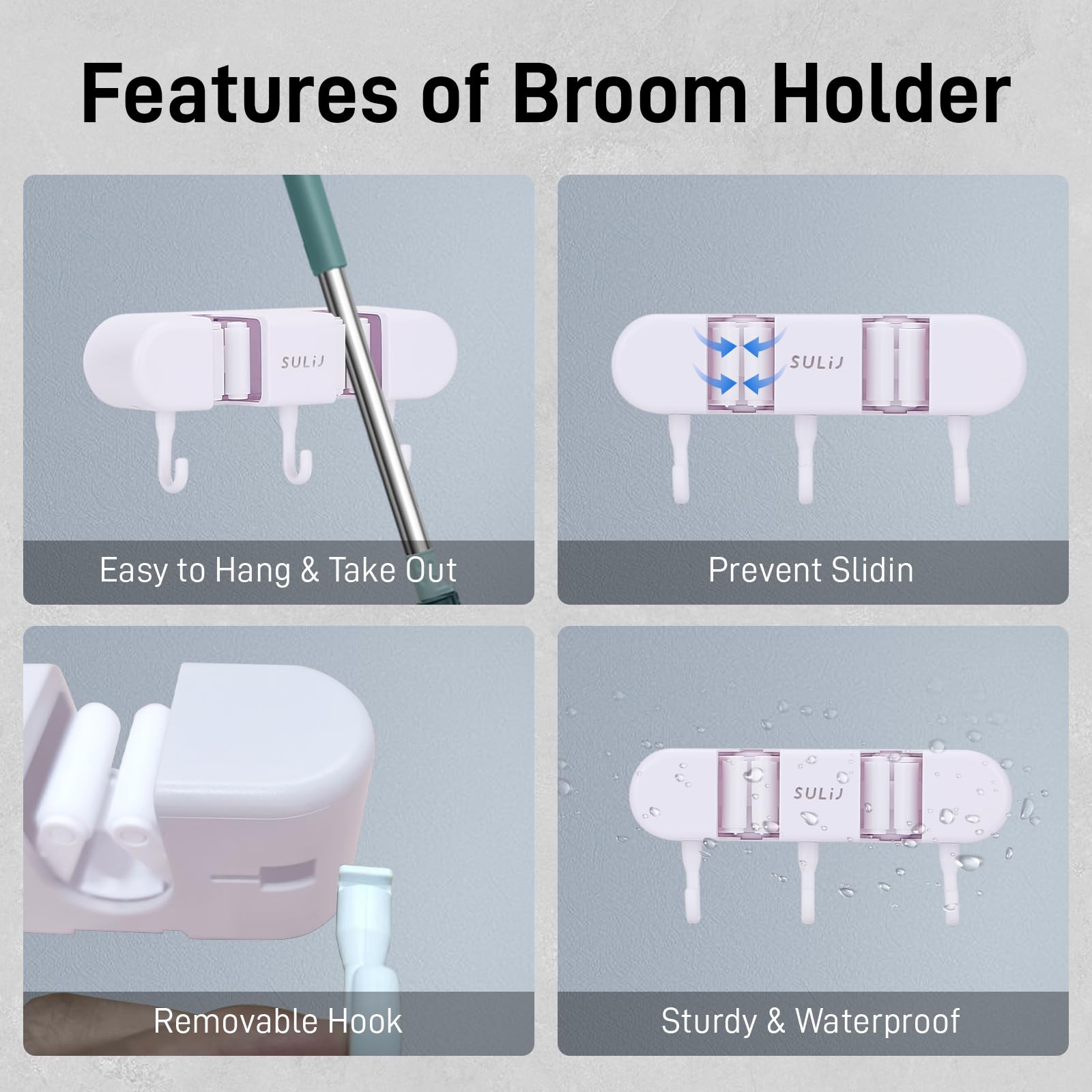 Bntyok Broom Holder with 2 Slots & 3 Hooks Heavy Duty Garden Tool Organizer Broom Hanger Wall Mount for Home Laundry Room Kitchen Closet Shed Garage Organization and Storage - White