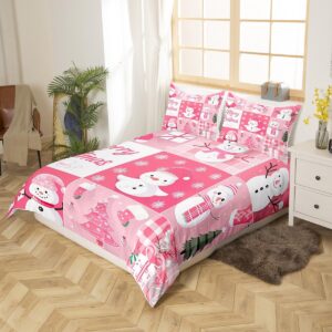 Xmas Duvet Cover Set Queen Size,Snowman Christmas Tree Snowflake Bedding Set for Kid Boys Girls Room Decor,Pink Plaid Comforter Cover 3Pcs,Merry Christmas Bedspreads Cover,2 Pillowcases(NO Comforter)