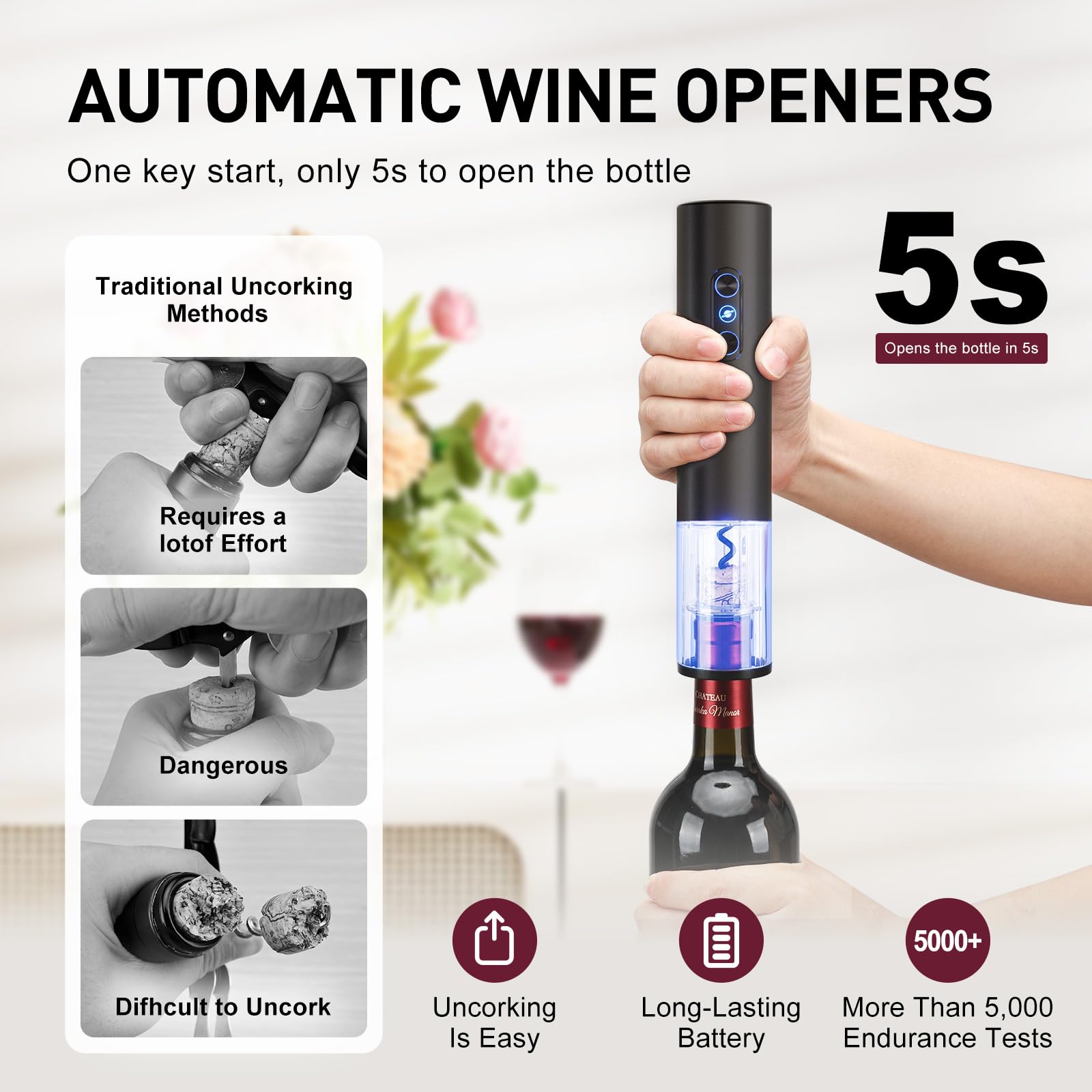 Otuseta Electric Wine Opener, Rechargeable Cordless Wine Accessories, Stainless Steel Cordless Automatic Wine Bottle Corkscrew with Vacuum Stoppers, Foil Cutter for Home Party Wedding, Bars(Black)