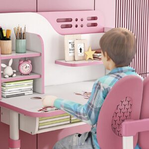 Kids Study Desk and Chair Set, Multi Functional Height Adjustable Children School Study Desk with Astronaut Pattern, Ergonomic Desk Chair with Large Writing Board, Bookshelf and Drawer (Pink)