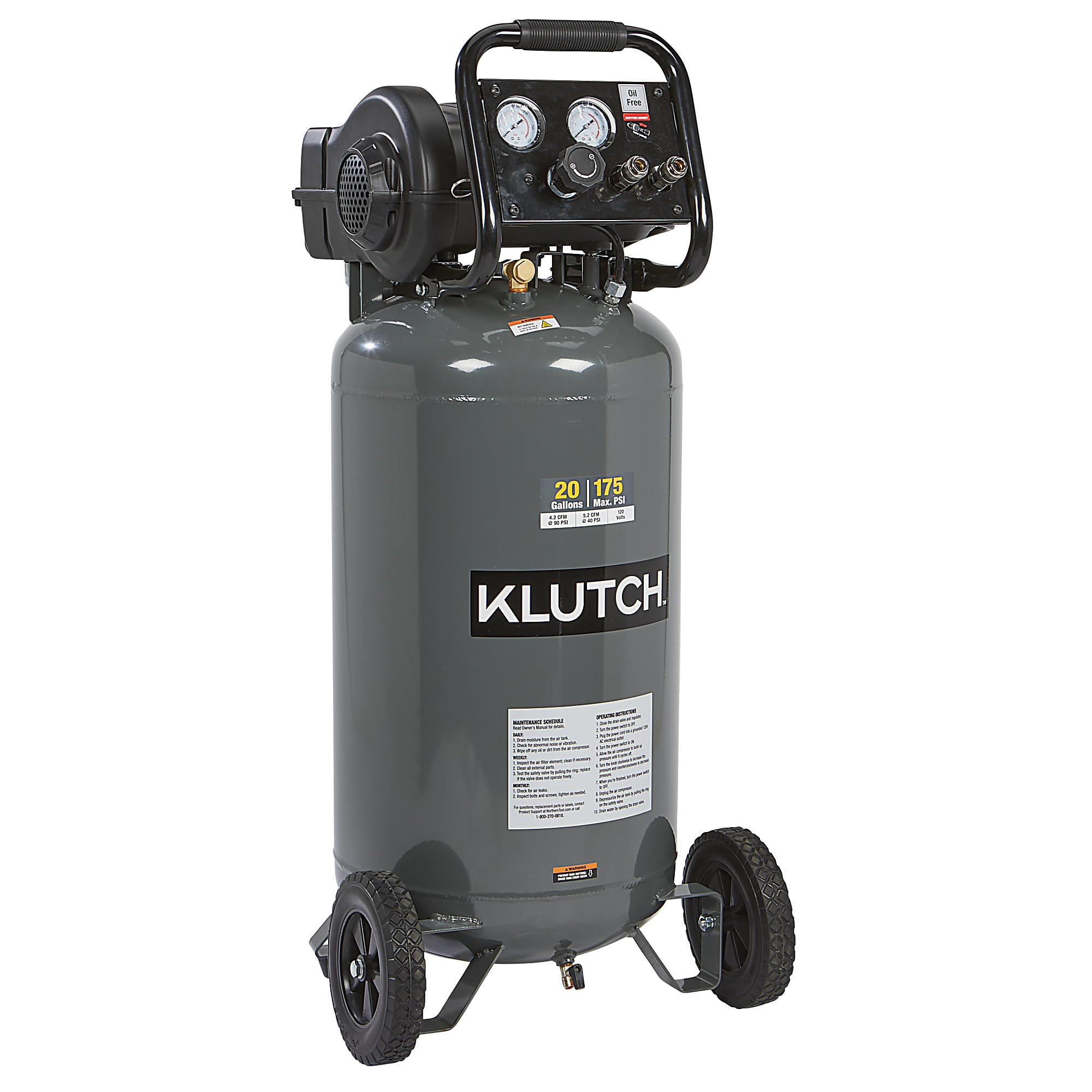 Klutch Portable Air Compressor, Workshop Air Compressor With Oil-Less Pump, 2 HP Motor, Thermal Overload Protection, Rubber Foot Stabilizers, 20 Gallon Garage Air Compressor