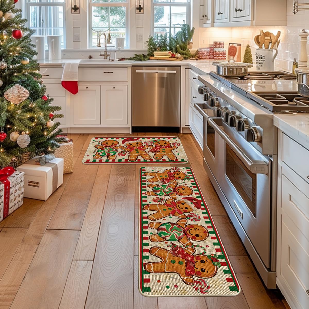 Artoid Mode Gingerbread Candy Cane Christmas Kitchen Mats Set of 2, Winter Home Decor Low-Profile Kitchen Rugs for Floor - 17x29 and 17x47 Inch