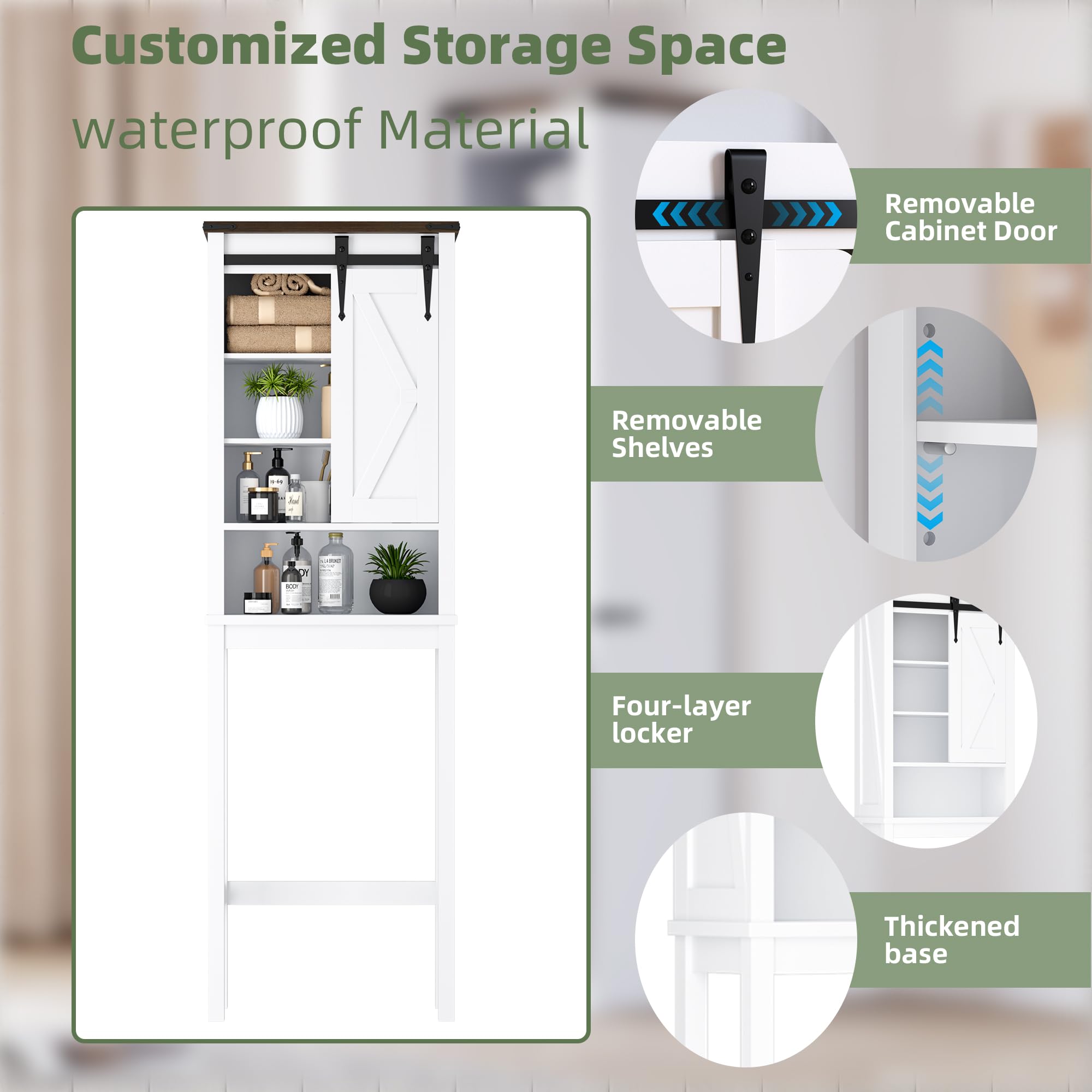 GarveeHome Over The Toilet Storage Cabinet, Farmhouse Storage Cabinet Over Toilet with Sliding Barn Door & Adjustable Shelves, above Toilet Organizer for Bathroom, White