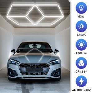 ALLYES Hexagon Garage Lights, LED Aluminum Hex Ceiling Lights, 8500LM 6500K 63W Super Bright Honeycomb LED Lights for Garage Gym Shop Barber Car Dealers