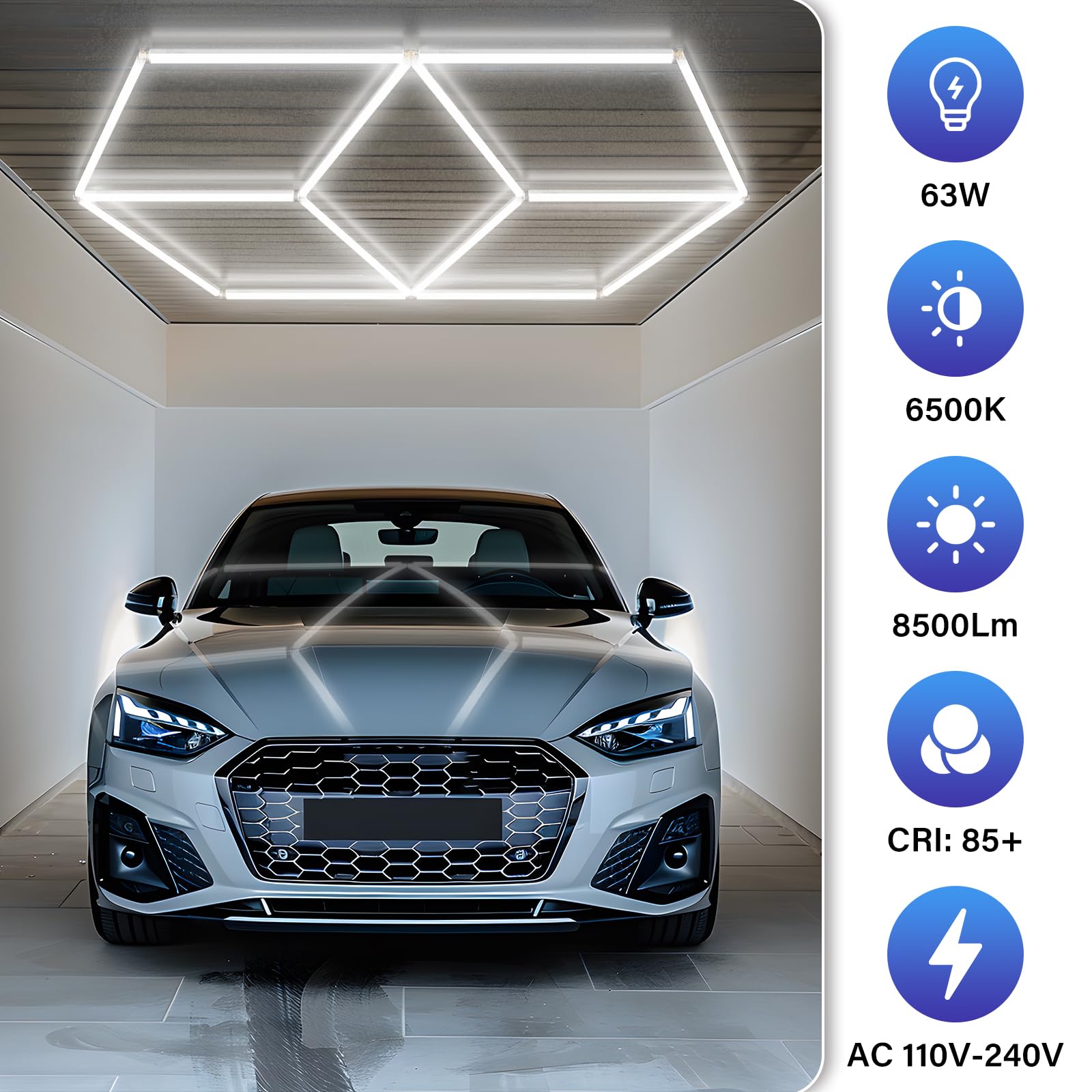 ALLYES Hexagon Garage Lights, LED Aluminum Hex Ceiling Lights, 8500LM 6500K 63W Super Bright Honeycomb LED Lights for Garage Gym Shop Barber Car Dealers