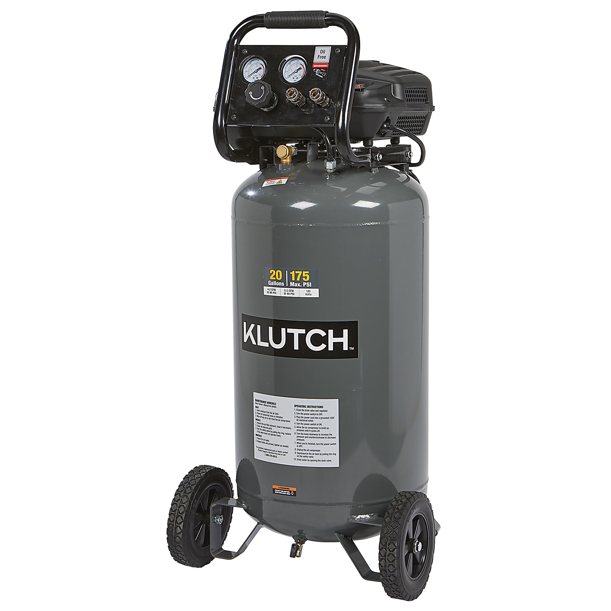 Klutch Portable Air Compressor, Workshop Air Compressor With Oil-Less Pump, 2 HP Motor, Thermal Overload Protection, Rubber Foot Stabilizers, 20 Gallon Garage Air Compressor