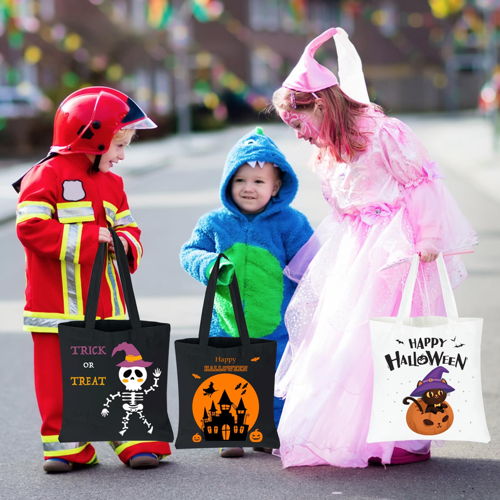 HEYTUYA 3 Pack Large Halloween Bags, Canvas Trick or Treat Bags, Gift Bags Halloween for Kids, Halloween Bags with Handles, Trick Bags Halloween Kids Party Favor Supplies, Canvas Halloween Tote Bags