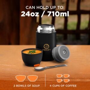 Vacuum Insulated Food Jar. Large 24oz Bowl incl. Folding Spoon, Cup. Wide Mouth Thermos Keep Hot & Cold Drinks Soup Thermo Lunch Container For Adults. BPA-Free Stainless Steel, Leak Proof Black Matte