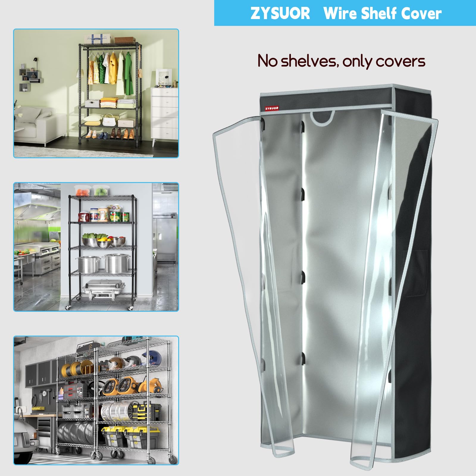 ZYSUOR Shelf Cover Wire Shelving Cover Rack Dust Cover,dustproof, Waterproof, Sunscreen, Front Transparent Panel Design for Easy Viewing, Suitable for 36" Wx18 Dx72 H (Cover only)