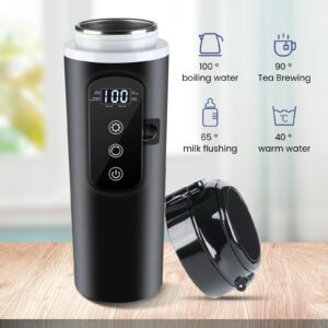 DC 12V/24V Car Travel Electric Kettle, 400ml Car Heating Mug with Anti-Spill Lid, Leak-proof, 304 Stainless Steel Liner Portable Coffee Tea Cup Up to 100℃ Variable Temp Control Bottle