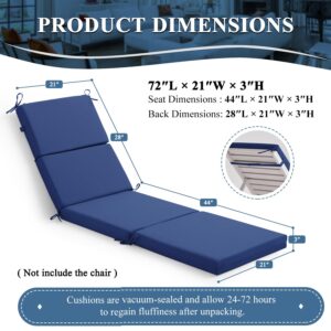 Qirroboni Outdoor Chair Cushion, High-Density Foam Patio Chair Cushion with Ties, Water Repellent, Fade Resistant, Garden, Lawn, Pool & Beach Recliner Chairs Cushions, 72x21x3 Inch, Royal Blue