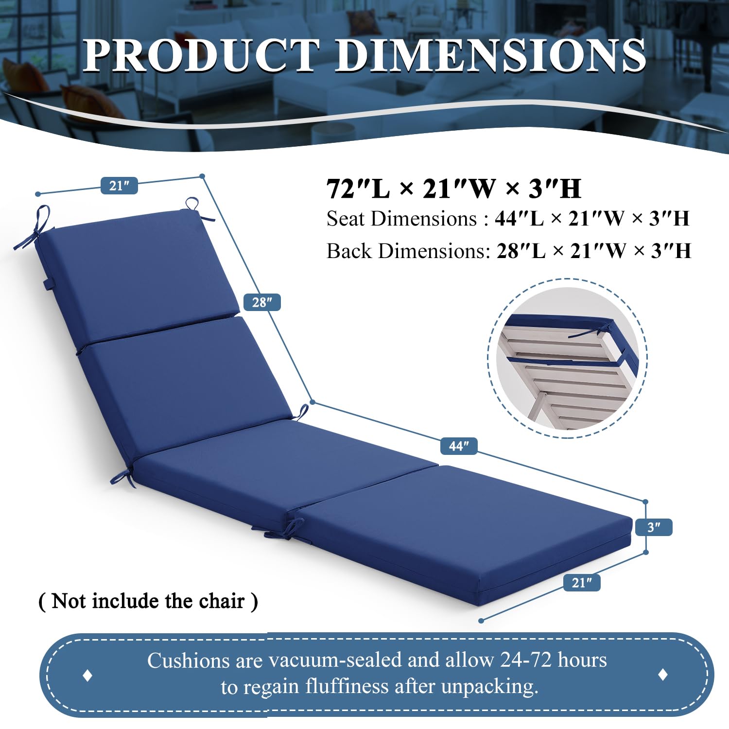 Qirroboni Outdoor Chair Cushion, High-Density Foam Patio Chair Cushion with Ties, Water Repellent, Fade Resistant, Garden, Lawn, Pool & Beach Recliner Chairs Cushions, 72x21x3 Inch, Royal Blue