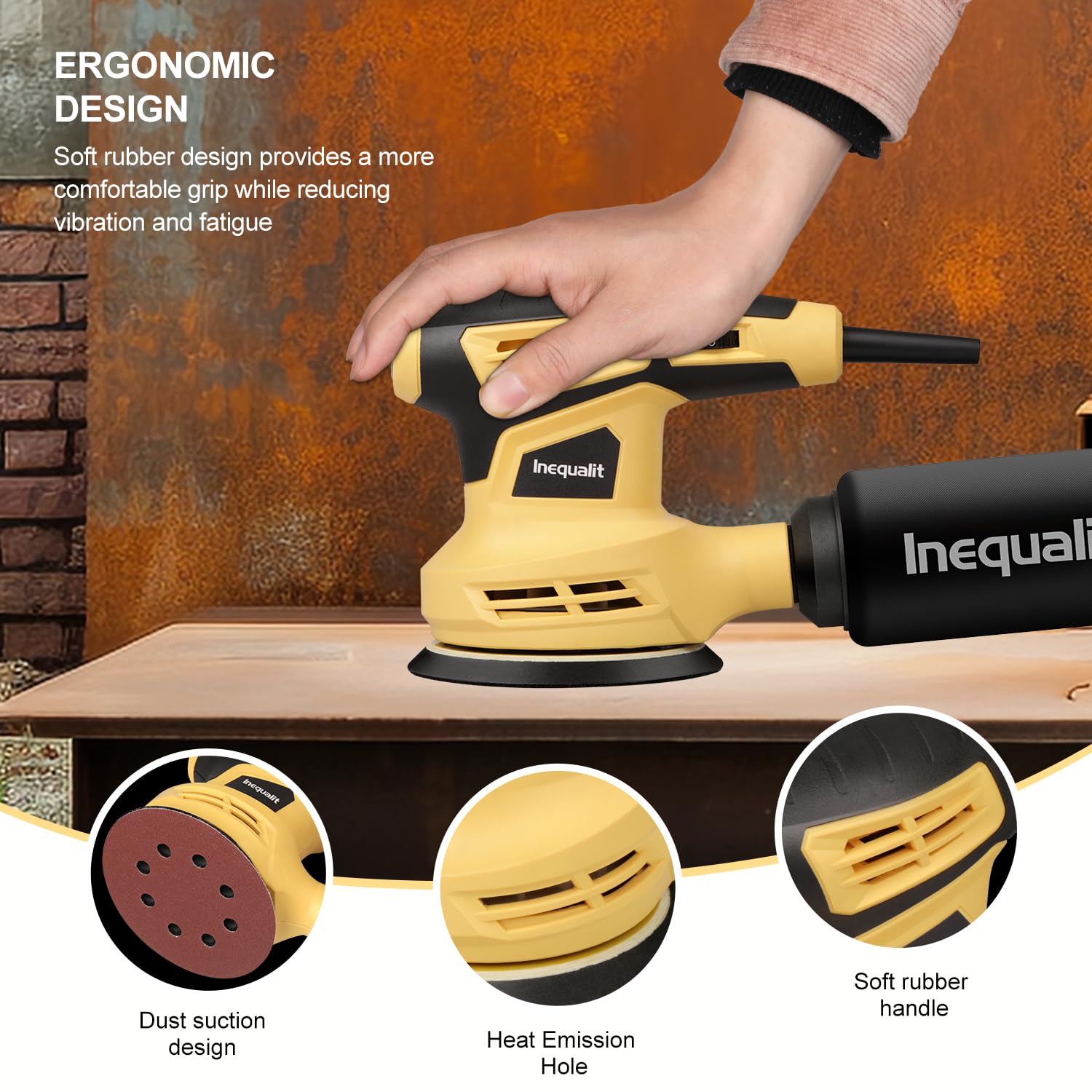 Inequalit 2.4Amp 5 Inch Orbital Sander, 6000-13000OPM Electric Orbital Sander with 6 Variable Speed, 15Pcs Sandpapers and Dust Collector Included, Fit for Sanding and Polishing