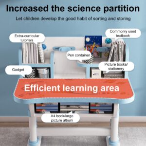 Kids Study Desk and Chair Set, Multi Functional Height Adjustable Children School Study Desk with Cartoon Pattern, Ergonomic Desk Chair with Large Writing Board, Bookshelf and Book Bucket (Blue)