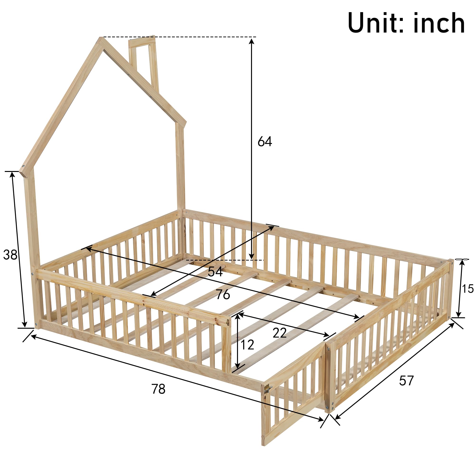 Merax Montessori Floor Bed with Fence and Door for Toddlers, Girls, Boys Pine Wood Bedframe Safety Guardrails for Children's Room, House-Shaped Headboard Kids Playroom, Full Size with Slats, Natural