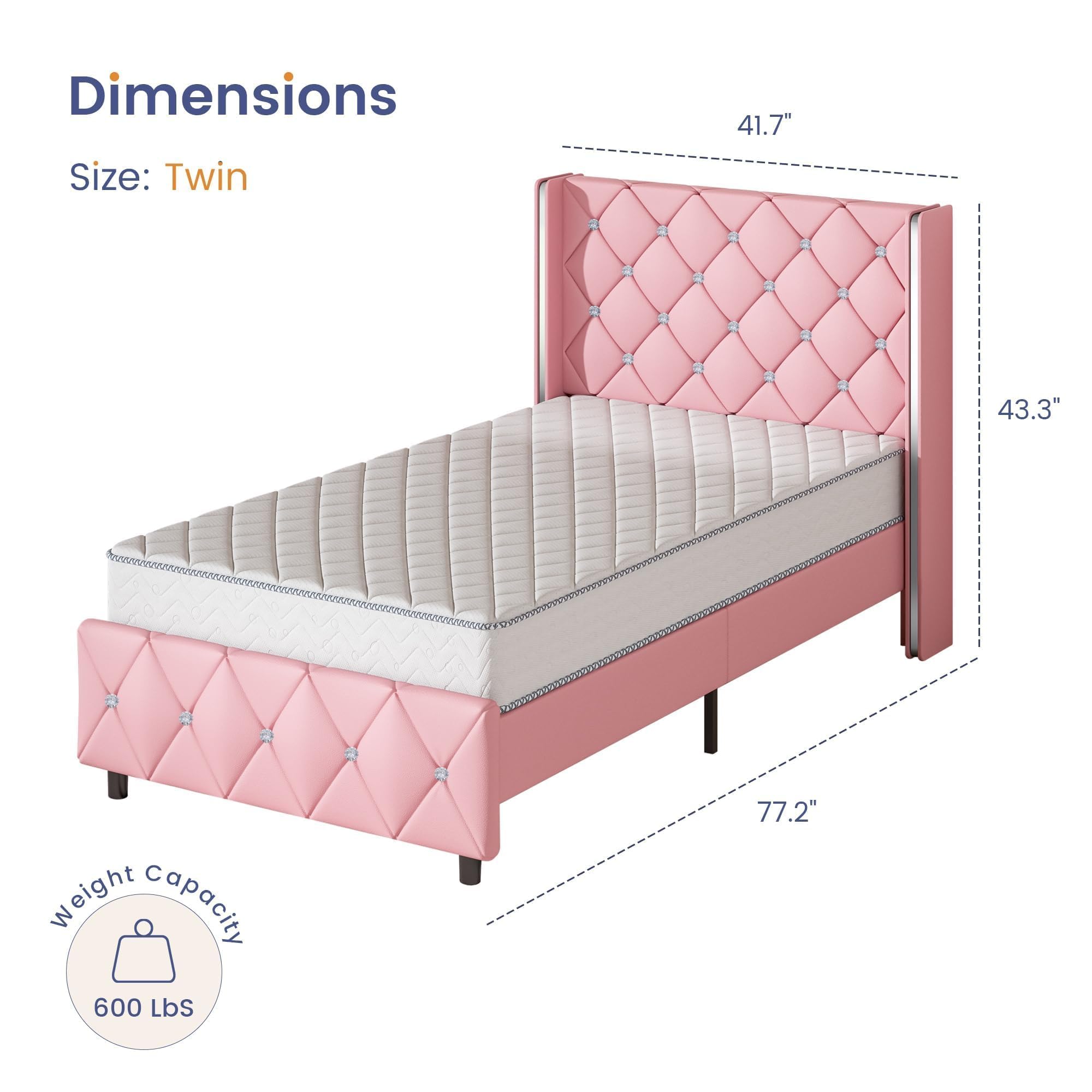 HOMBCK Twin Bed Frame, Upholstered Bed Frame with Diamond Tufted Headboard, Twin Bed Frames for Girls, Cute Princess Bed, Faux Leather, Wooden Slats Support, No Box Spring Needed, Pink