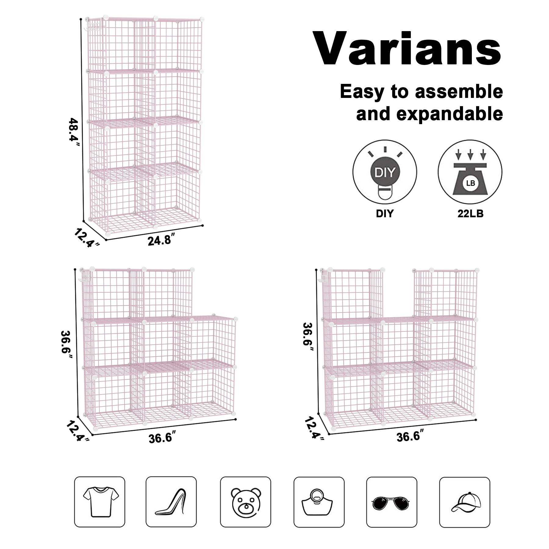 C&AHOME Wire Cube Storage, 8 - Cube Organizer Metal C Grids, Modular Shelves Units, Closet Organizer, Ideal for Home, Office, Living Room, 24.8" L x 12.4" W x 48.4" H, Pink UWCS3008P