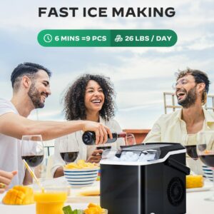 Silonn Countertop Ice Maker - 9 Cubes Ready in 6 Mins, 26lbs in 24Hrs, Portable Ice Machine with Self-Cleaning, 2 Sizes of Bullet Ice for Home/Kitchen/Party/RV, Black