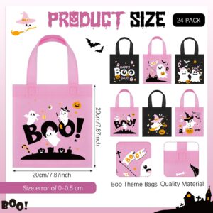 Yoojahow 24Pcs Halloween Tote Bags Halloween Black and Pink Boo Theme Goodie Bags Trick or Treat Bag with Handles Nonwoven Reusable Candy Gift Bags for Halloween Birthday Baby Shower Party Favor