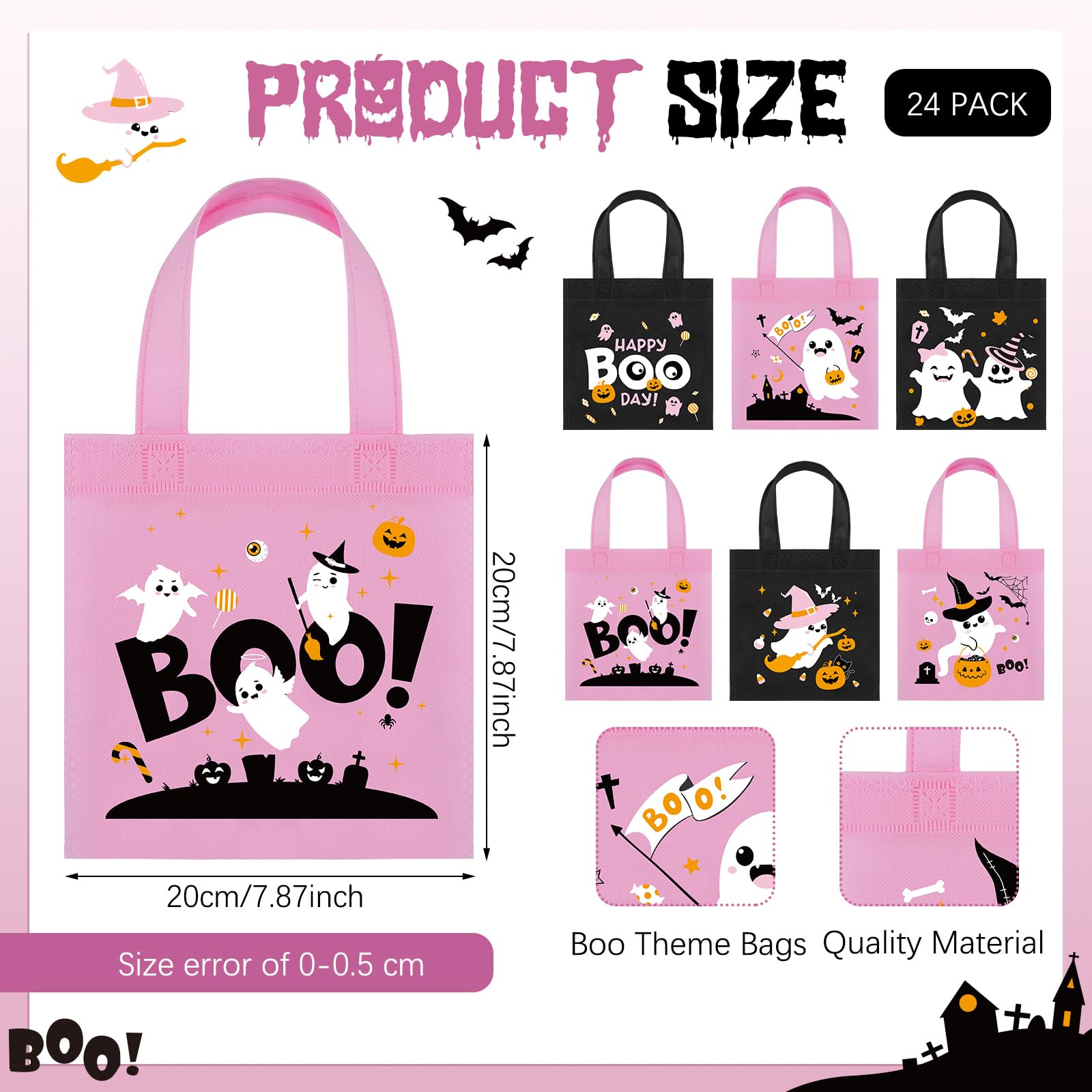 Yoojahow 24Pcs Halloween Tote Bags Halloween Black and Pink Boo Theme Goodie Bags Trick or Treat Bag with Handles Nonwoven Reusable Candy Gift Bags for Halloween Birthday Baby Shower Party Favor