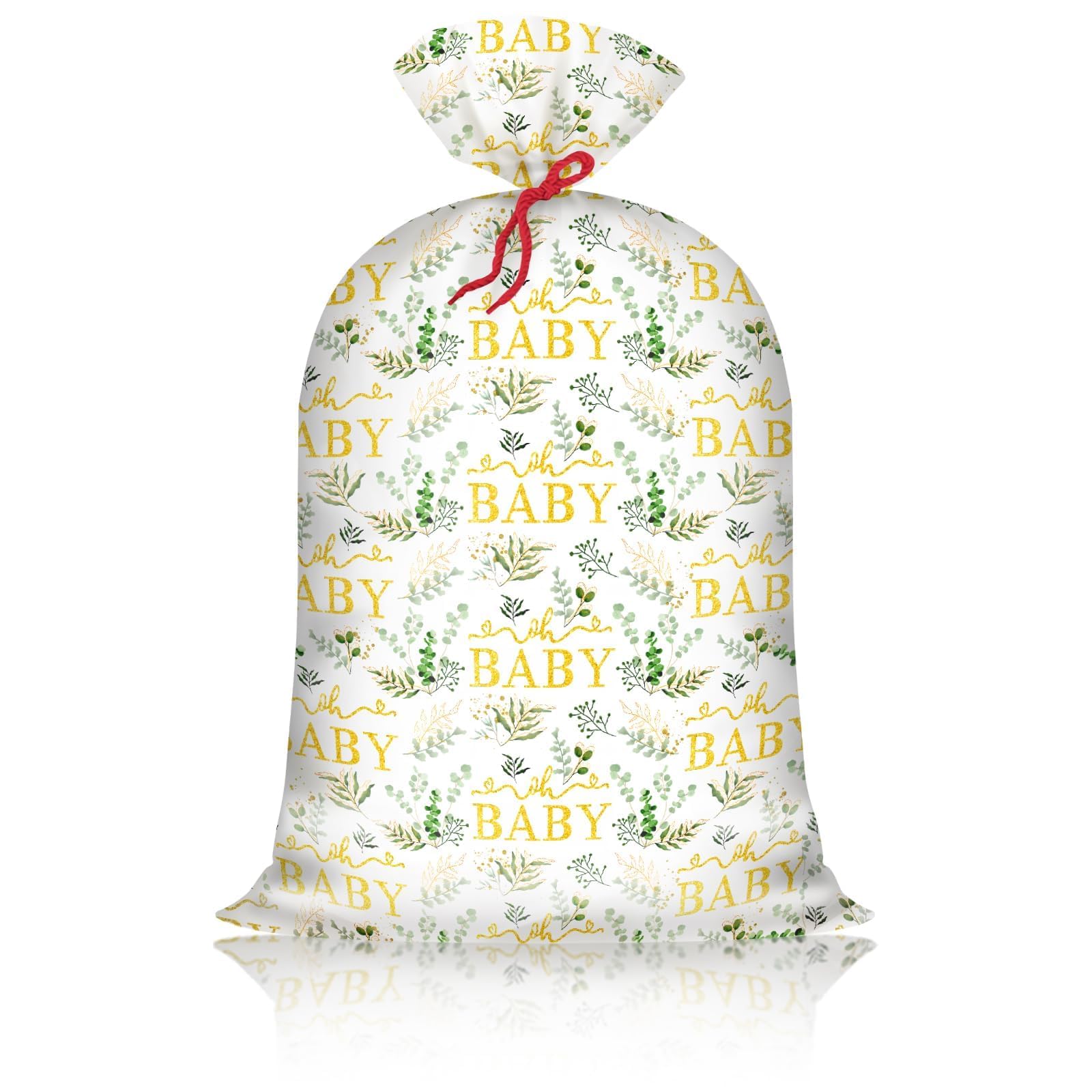 Extra Large Baby Gift Bag Baby Shower 48"x 36" Jumbo Plastic Present Bag Eucalyptus Leaves Birthday Large Gift Wrapping Bags Oversized Oh Baby Sage Green Gender Reveal Birthday Party Favors