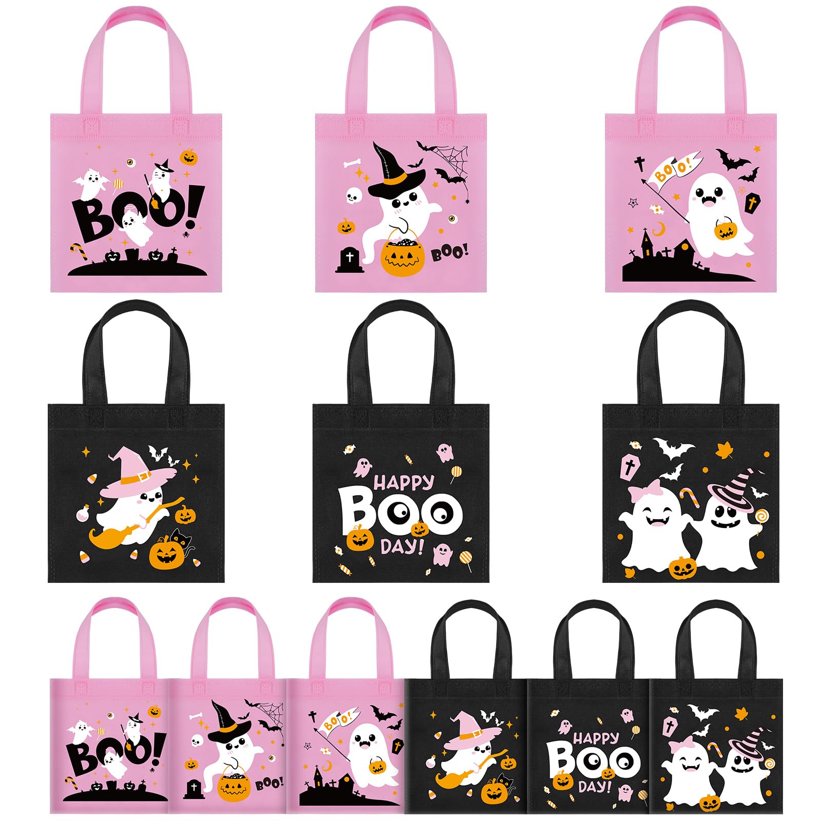 Yoojahow 24Pcs Halloween Tote Bags Halloween Black and Pink Boo Theme Goodie Bags Trick or Treat Bag with Handles Nonwoven Reusable Candy Gift Bags for Halloween Birthday Baby Shower Party Favor