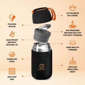 Vacuum Insulated Food Jar. Large 24oz Bowl incl. Folding Spoon, Cup. Wide Mouth Thermos Keep Hot & Cold Drinks Soup Thermo Lunch Container For Adults. BPA-Free Stainless Steel, Leak Proof Black Matte