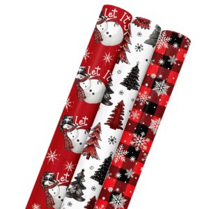 horaldaily 17 x 120 inch christmas wrapping paper(3 rolls: 42.5 sq. ft. ttl.), red buffalo plaid christmas trees snowman snow disposable wrapping paper for party diy crafts gift decor