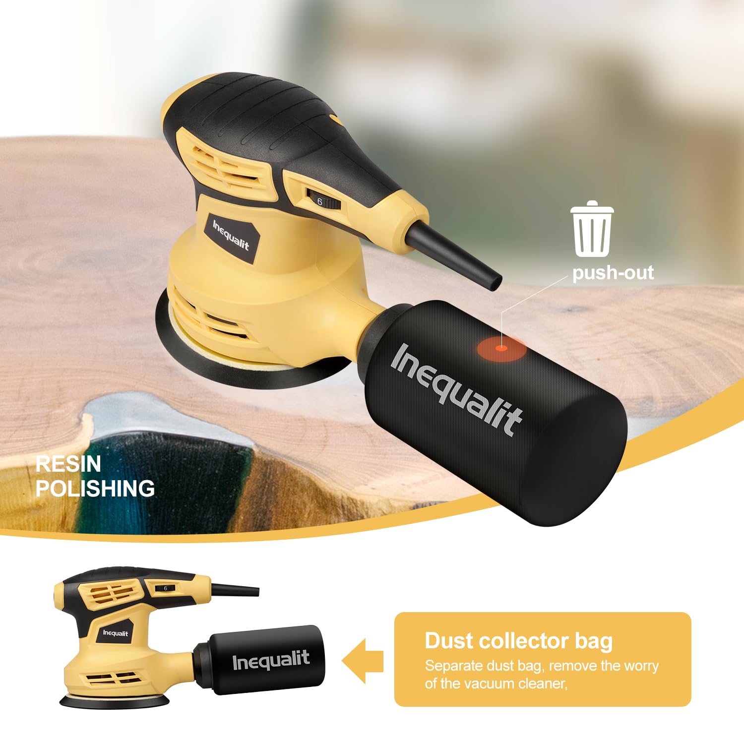 Inequalit 2.4Amp 5 Inch Orbital Sander, 6000-13000OPM Electric Orbital Sander with 6 Variable Speed, 15Pcs Sandpapers and Dust Collector Included, Fit for Sanding and Polishing